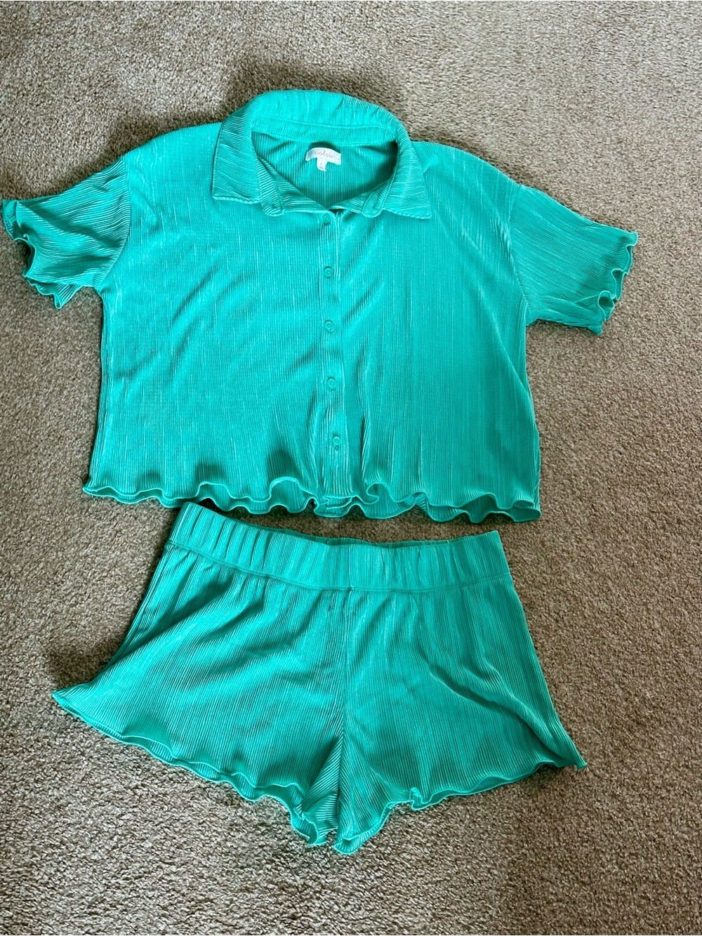 Colsie Teal Ribbed Button-Front Short Pajama Set